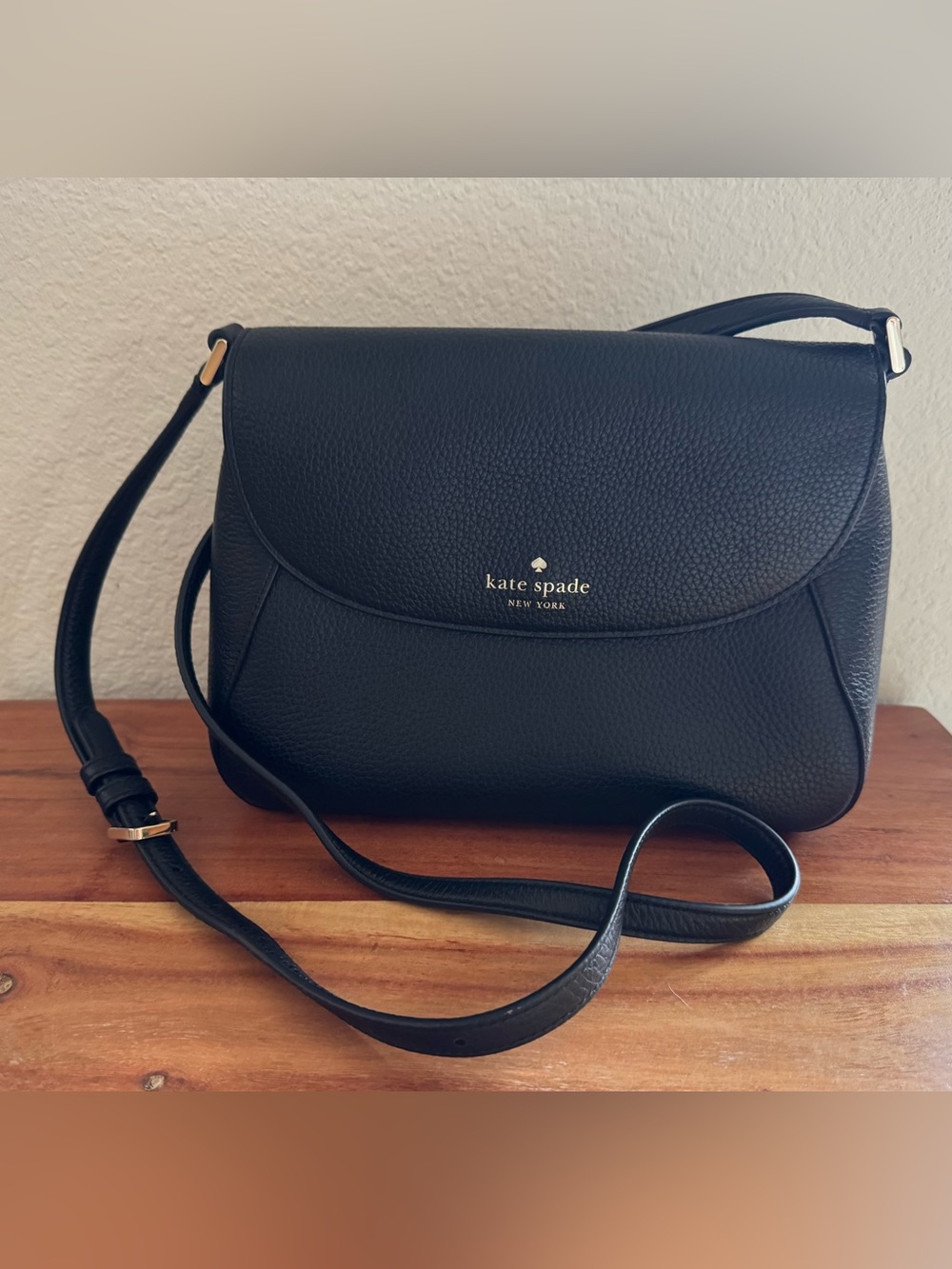 kate spade Black Pebbled Leather Crossbody with Gold Logo